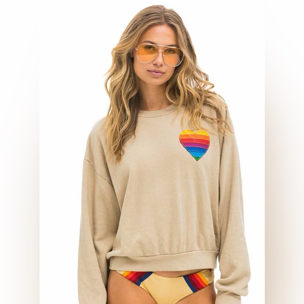 Aviator Nation Rainbow Heart Stitch Relaxed Crew Sweatshirt